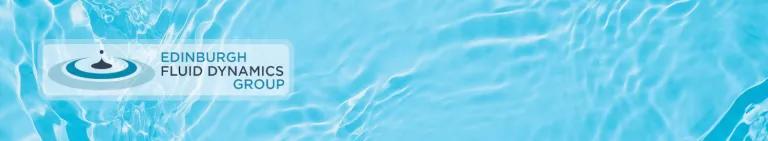 close up of blue dynamic fluid with EFDG logo graphic dark blue drop with ever increasing lighter blue circles and text EDINBURGH FLUID DYNAMICS GROUP on opaque white background